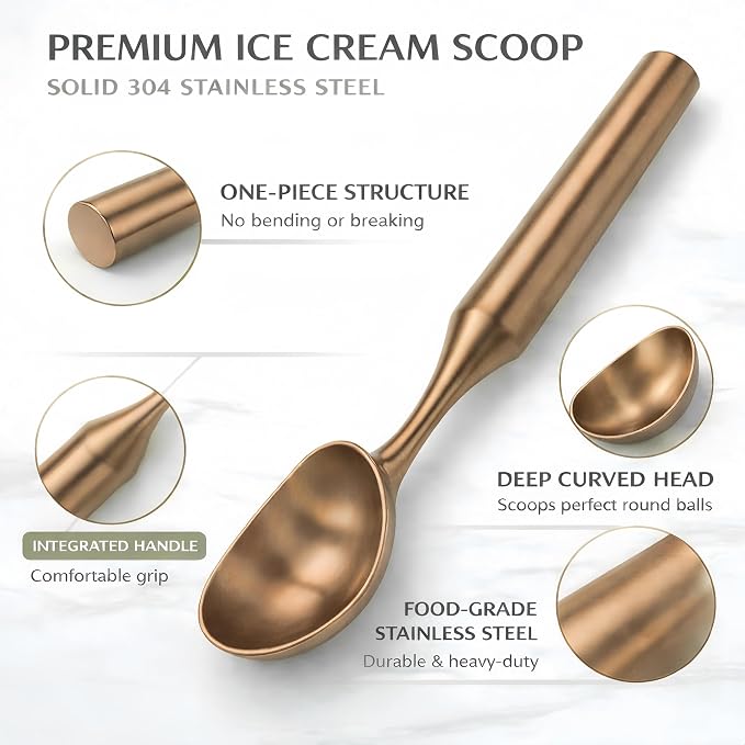 Stainless Steel Ice Cream Scoop, Heavy Duty Ice Cream Scooper with Ergonomic Grip, 100% Dishwasher Safe One-Piece Metal Scoop for Hard Ice Cream, Gelato & Cookie Dough,Rose Gold