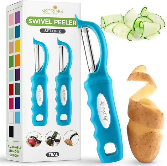 Spring Chef Stainless Steel Swivel Potato Peelers for Kitchen, Dishwasher Safe Veggie Peeler for Kitchen with Soft Grip Handle & Sharp Blades, Great for Vegetable, Apple, Carrot - Set of 2 - Teal