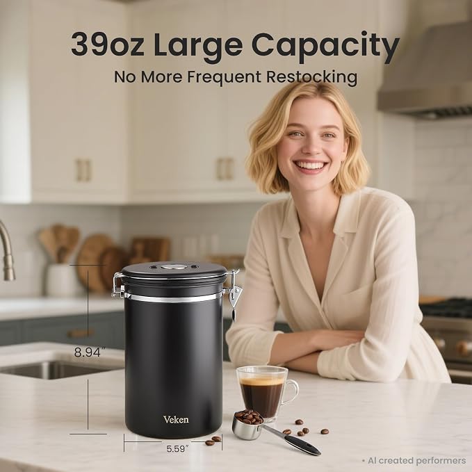 Veken Coffee Canister,39OZ, 2.2lbs,Large Airtight Stainless Steel Container | Kitchen Food Storage Jars for Beans,Ground, Espresso, Rice,Tea, Sugar, Cereal, Cookie, Gifts, Lids, Scoop, Black