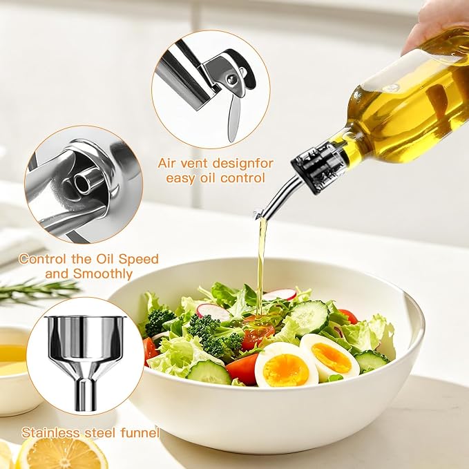 Leaflai Glass Olive Oil Dispenser Bottle Set of 2, 17oz/500ml Kitchen Oil and Vinegar Cruet with Airtight Stainless Steel Pourer Spout, Funnel & Brush, Cooking Essentials for Salad Dressing (Clear)