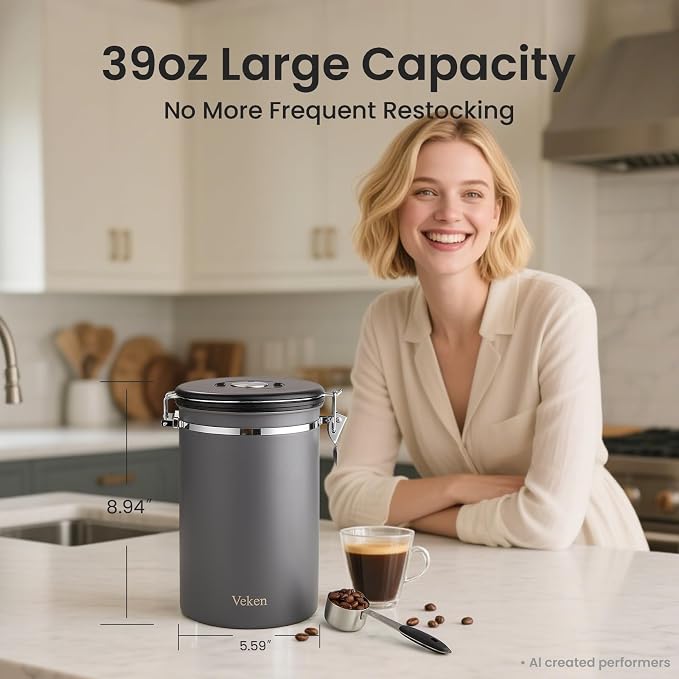 Veken Coffee Canister,39OZ, 2.2lbs,Large Airtight Stainless Steel Container | Kitchen Food Storage Jars for Beans,Ground, Espresso, Rice,Tea, Sugar,Cookie, Bar Accessories,Gifts, Scoop, Gray