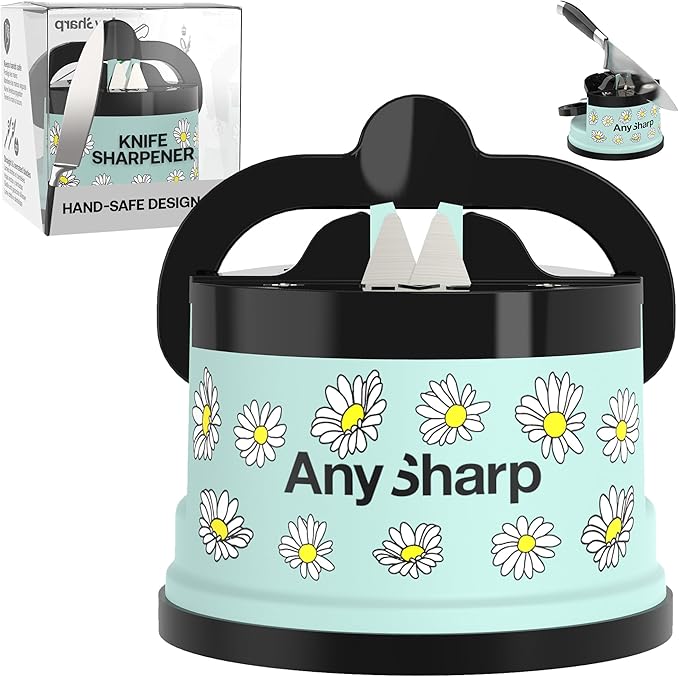AnySharp – Editions – Hands Free Knife Sharpener - Easy to Use Sharpening Tool with PowerGrip Suction Base and 20-Degree Pre-Set Angle - for All Knives: Chef's, Serrated, and Hardened Steel - Daisy