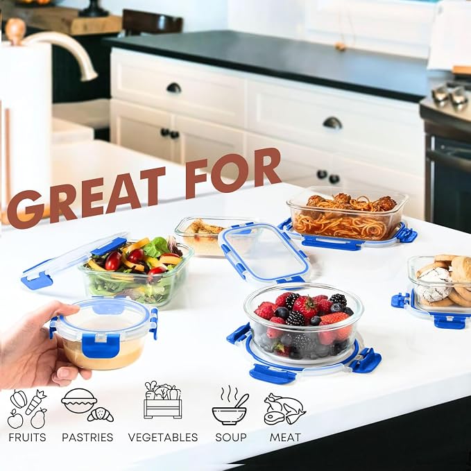 Razab 30 PC Glass Food Storage Containers with Lids - Reusable Glass Meal Prep Containers for Lunch and Leftovers - Airtight & Leakproof Snap Locking Lids - Oven, Freezer, Microwave, Dishwasher Safe