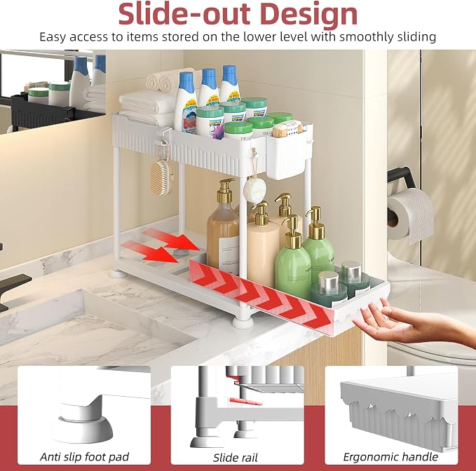 4-Pack 2-Tier Under Sink Organizer with Pull Out Drawers | Multi-use kitchen & bathroom storage. Includes hanging hooks and cups. White, space-saving cabinet design. 12.8 Inch