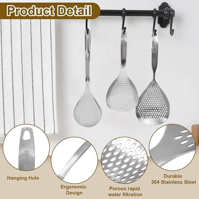 Jiozermi 2 Pcs Stainless Steel Skimmer Slotted Spoon, Pasta Spider Strainer Ladle for Frying and Cooking, Durable 304 Stainless Steel Frying Strainer Spoon for Noodles, Pasta, and Vegetables