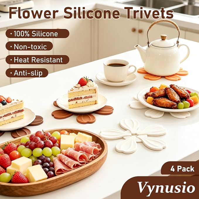Silicone Trivet Tree Set Hot Pads, Vynusio Trivets for Hot Dishes 4 Pack +1 Stand, Collapsible Treetrivet Cup Pans Hot Pot Dish Holders for Kitchen Table Countertop Office Desk, Fall Color