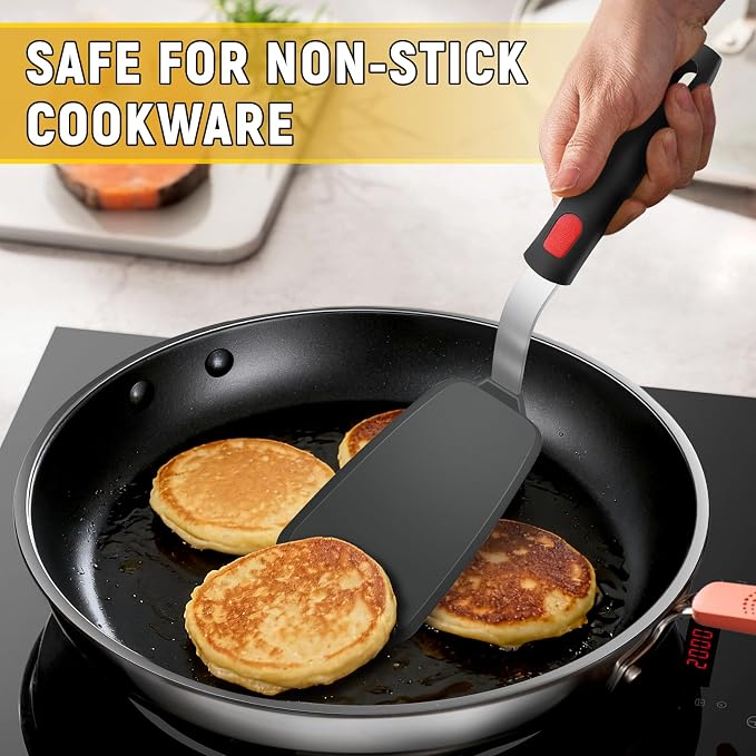 2Pack Flexible Silicone Spatula Turner, Heat Resistant Silicone Turner for Non-Stick Cookware, BPA-Free Kitchen Spatula Utensils, Ideal for Flipping Eggs, Burgers, Pancakes, Black