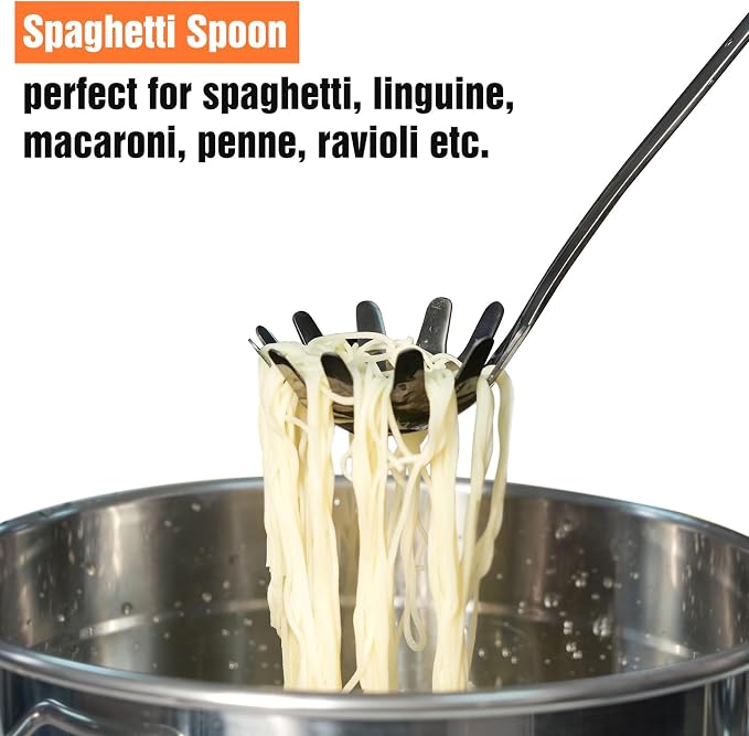 Black Stainless Steel Pasta Spoon, Spaghetti Server with Teeth, Metal Pasta Fork for Noodles, Linguine, Fettuccine and Macaroni, Dishwasher Safe