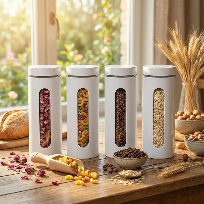 6 Pack Kitchen Canisters Set Airtight Coffee Sugar Tea Storage Jars with Window Glass Stainless Steel Containers with Lids for Flour Cookies Spices Grains Kitchen Decorations(White,60 oz)