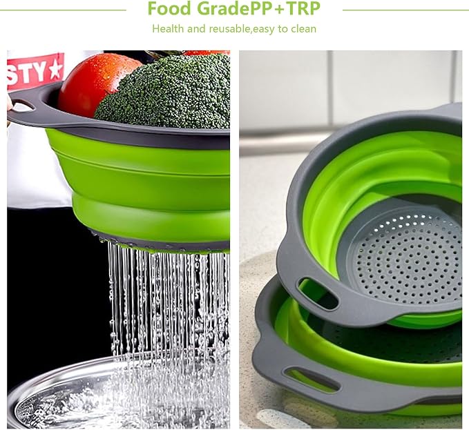 ONFAMICO Collapsible Colander Set of 3 - Heat Resistant Washing and Draining of Vegetables Fruits Pasta - Perfect for Kitchen and Travel Use (3PCS-Green)