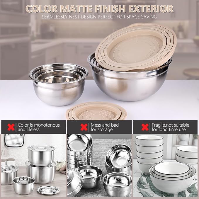 Leidawn Mixing Bowls with Lids Set, 25 PCS Khaki Mixing Bowl for Kitchen | Stainless Steel Nesting Bowls for Baking, Mixing, Serving & Prepping, Size 5, 3.7, 2.8, 2.3, 1.7, 1.1, 0.7QT, 11 Utensils