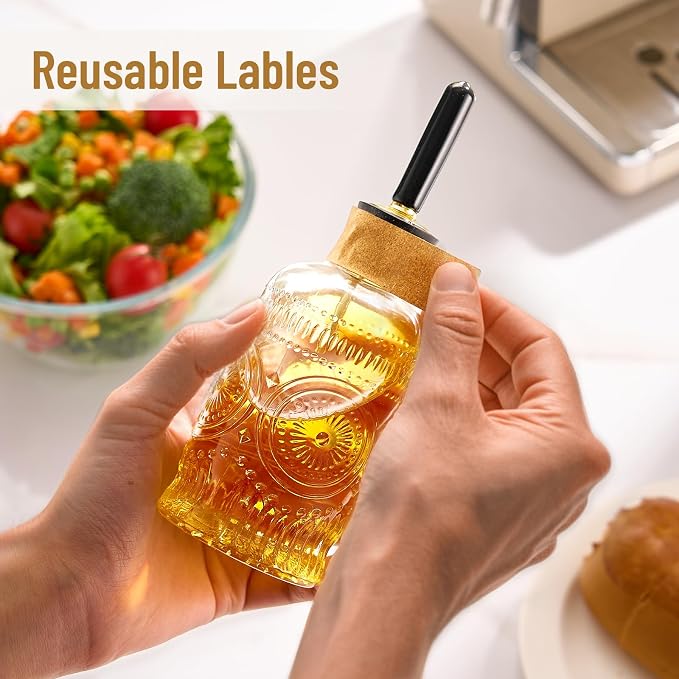 Baalaka Glass Olive Oil Dispenser Bottle Set, 7 oz, 2 Pack | Glass oil dispenser for kitchen with metal spouts; small oil bottles with funnel, labels and stoppers for syrup and juice