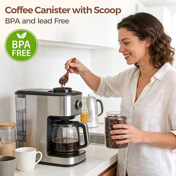 ComSaf Coffee Storage Canister with Acacia Wood Lids & Scoops 0.8Qt 2Pack | Glass Containers for Coffee Lover, Whole Beans Grounds Sugar, Coffee Bar & Office Tabletop, Jars with Labels, Lead-Free