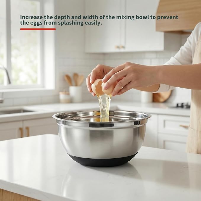 3pk Metal Mixing Bowls Set ，Stainless Steel Prep Bowls– 2.3/2.9/4.75 Qt | With Non-Slip Silicone Base, Nesting Design & Dishwasher Safe for Baking, Meal Prep, Salad Serving & Food Storage