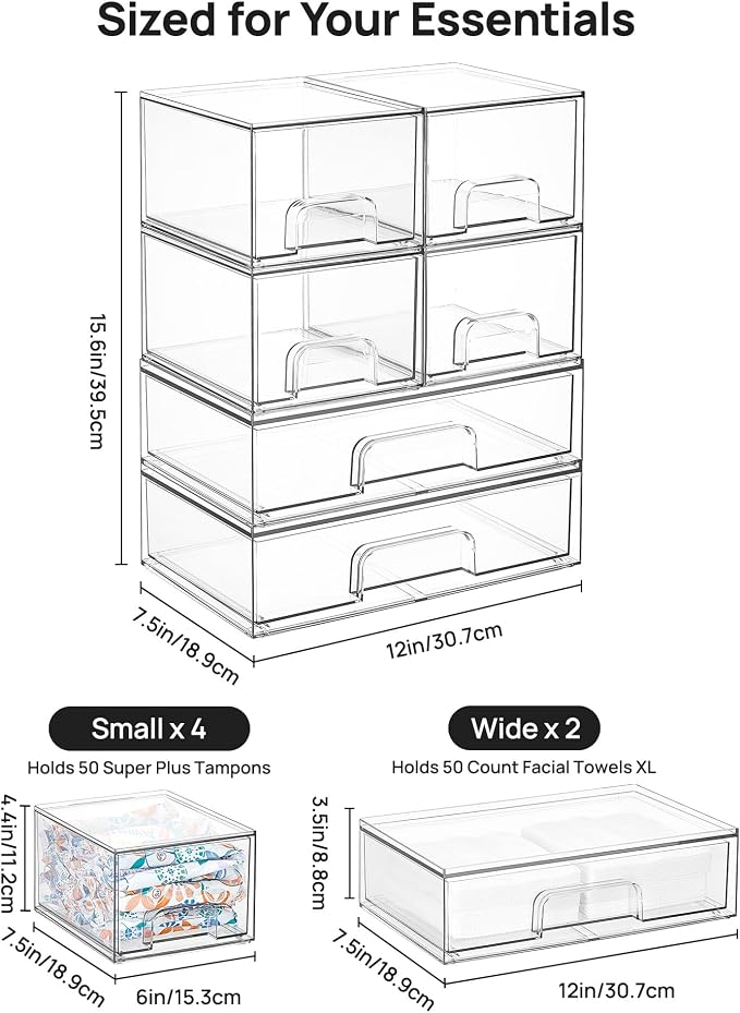 Vtopmart Clear Stackable Storage Drawers Set of 6, Plastic Organizer Bins | Multi-purpose Boxes for Bathroom Accessories Storage, Ideal for Cabinet, Shelf, Pantry, Laundry Room Organization