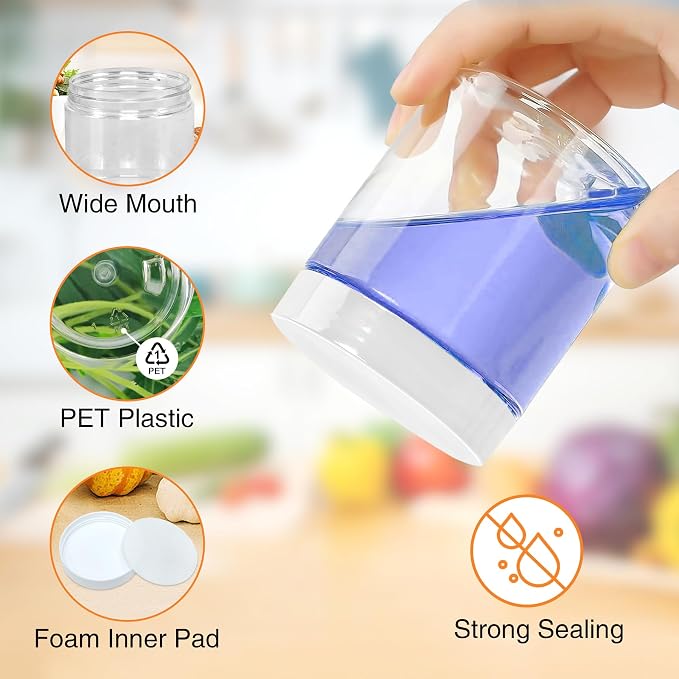 PeacePeo 8 OZ Plastic Jars, 48 Pack Clear Slime Containers with Lids | Stackable Leakproof Storage Jars, White Lids, Round Empty, Wide Mouth, for Pantry, Cabinet and Countertop Organization