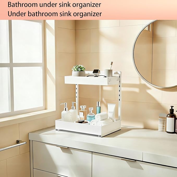 Under Sink Organizer, Bathroom Counter Organizer, 2 Pack 2 Tier L-Shape White, Adjustable Height Carbon Steel, Under Cabinet Storage with Pull Out Drawer, Use for Kitchen Bathroom Office Shop Laundry