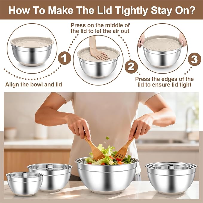 TeamFar Khaki Mixing Bowls, 6-Piece Stainless Steel Nesting Salad Bowls with Lid Set for Prepping Baking, Non-Toxic & Stackable, Air-Tight Lid & Non Slip Bottom, 4.6/2.6/2/1.5/1 / 0.7 QT