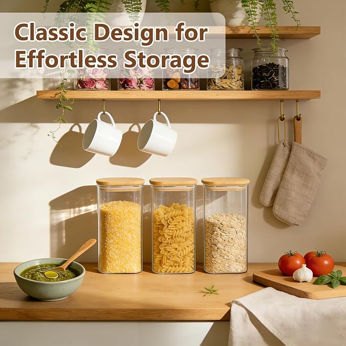KEYWING 50oz Glass Storage Containers with Airtight Lids for Pantry, 3 Pack | Square Glass Jars with Bamboo Lids, Pantry Storage Canister for Flour, Sugar, Cereal, Coffee Beans, Pasta, Cookies & Tea