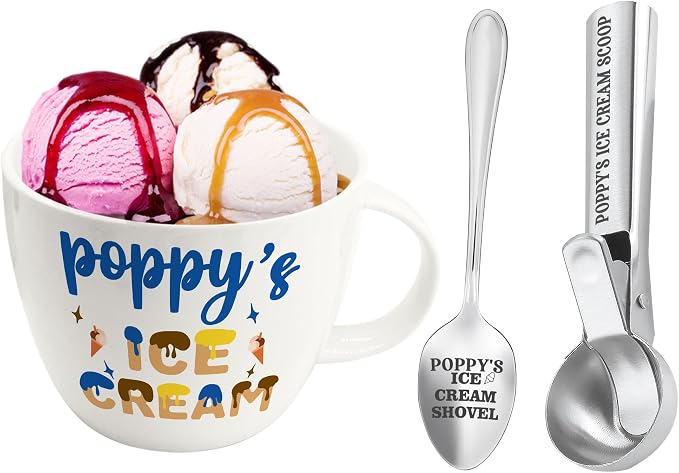 Christmas Poppy Gifts, Gifts for Grandpa from Grandkids, Poppy's Ice Cream Bowl Scoop Shovel Spoon Set, Poppy’s Ice Cream Birthday Grandparents Day Gift for Him Man
