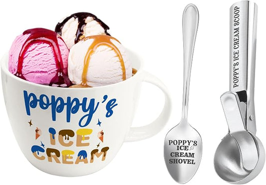 Christmas Poppy Gifts, Gifts for Grandpa from Grandkids, Poppy's Ice Cream Bowl Scoop Shovel Spoon Set, Poppy’s Ice Cream Birthday Grandparents Day Gift for Him Man