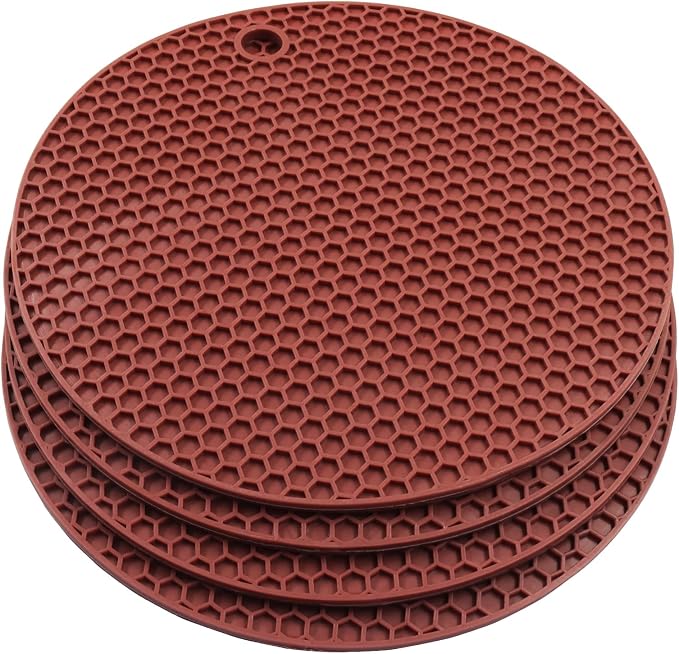 4 Pack Round Silicone Trivet Mats, Coffee | Heat Resistant Pad, For Pots, For Bowls, For Countertops