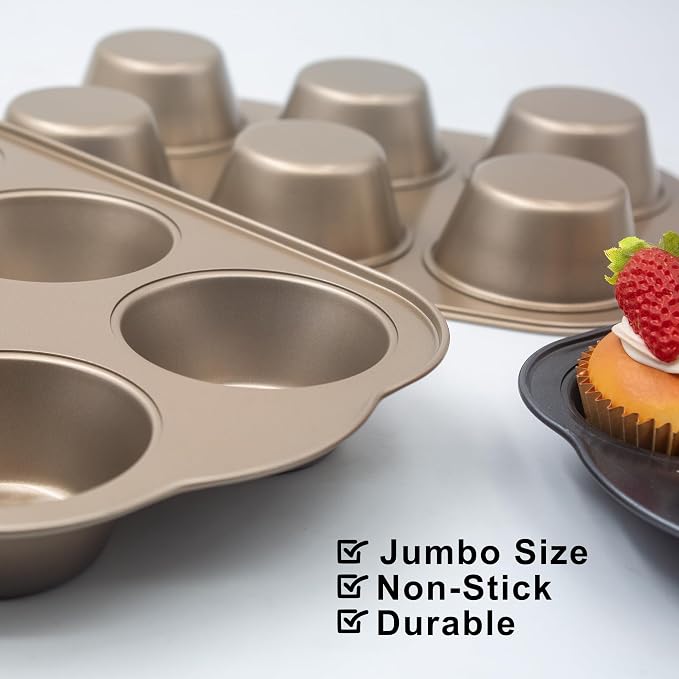 Non-Stick Jumbo 3.5" 6-Cup Muffin Pans, Set of 2(Gold) | Carbon Steel, Long Handle for Large Muffin & Cupcakes