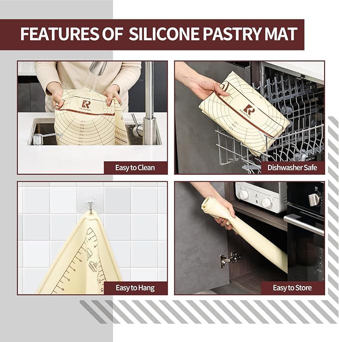Silicone Baking Mat, Extra Thick Dough Rolling Pad with Measurements and Edge Heightening, Non-stick Food Grade Silicone Pastry Mat for Pastry, Bread, Cookies (Beige Edge Up, 20"L x 28"W)