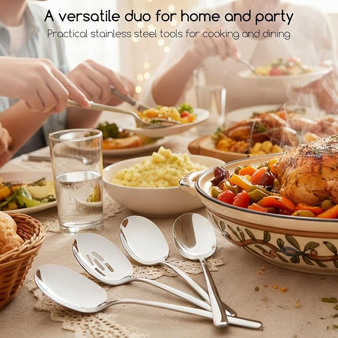 SOLEADER Extra Large Serving Spoons Set of 12,Foodgrade 18/8 12 Inch Stainless Steel Slotted Spoon,Buffet Serving Utensils,Spoons Silverware,Cooking Spoon,Pasta Spoon,Mixing Spoon