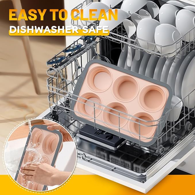 Silicone Muffin Pan, 6 Cups Non-Stick Cupcake Pan, Food-Grade BPA-Free Muffin Tin, Oven-Safe 450 °F, Reinforced Steel Frame, Easy-Grab Handles, Quick-Release 2.7" Baking Molds for Mini Treats