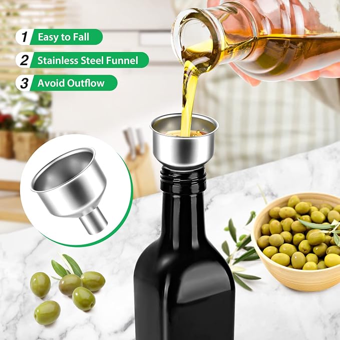 2 Pieces Oil and Vinegar Dispenser Set,Black & White Olive Oil Bottle Dispenser with Caddy Holder and Stainless Steel Spout,17oz Cute Vintage Glass Cruet Set for Farmhouse Kitchen（BLACK）