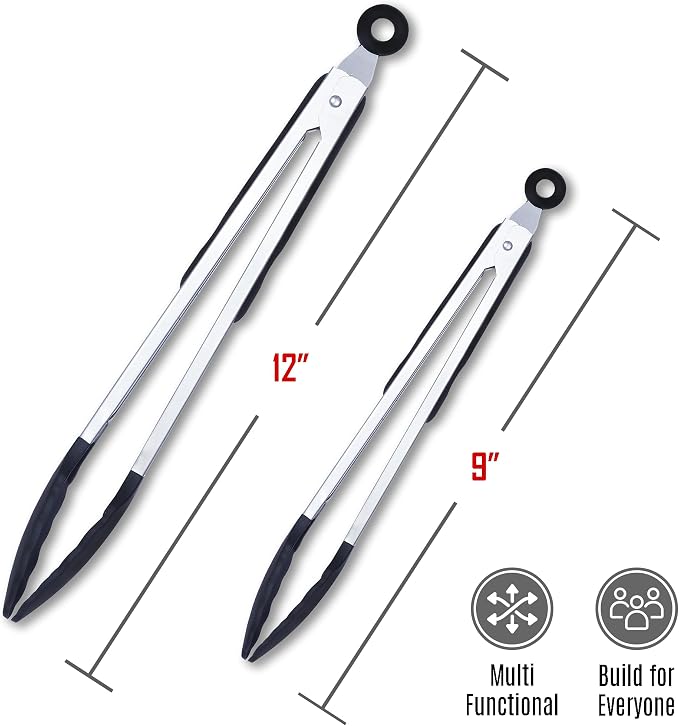 Kitchen Tongs with Silicone Tips, Set of 2 (9" & 12") Stainless Steel Tongs with Non-Slip Grip, Ideal for Cooking, Grilling, Serving, and Barbecue (BBQ), Non-Stick and Dishwasher Safe, Black
