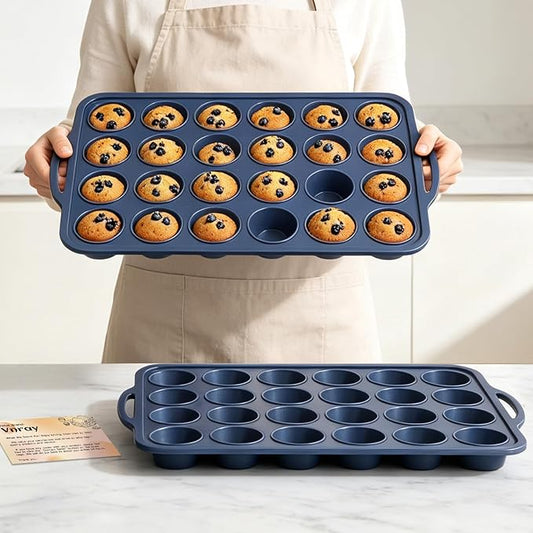 2 Pack Mini Silicone Muffin Pan with Metal Frame, Non Stick Silicone Cupcake Pan with Handles 24 Cup, BPA Free Silicon Muffin Tin Tray Small for baking, egg bites, Cupcake Mold Grey