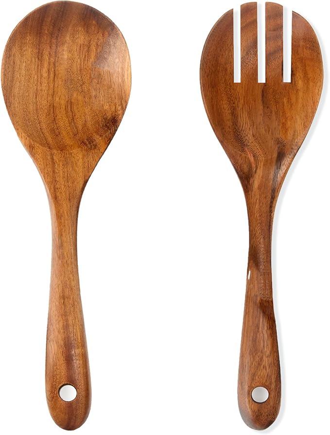Teak Wood Salad Serving Spoon and Spork 13-Inch, Large Wooden Salad Server Set of 2, Teak Wooden Salad Spoon and Fork, Wood Cooking Spoons for Mixing, Stirring & Serving