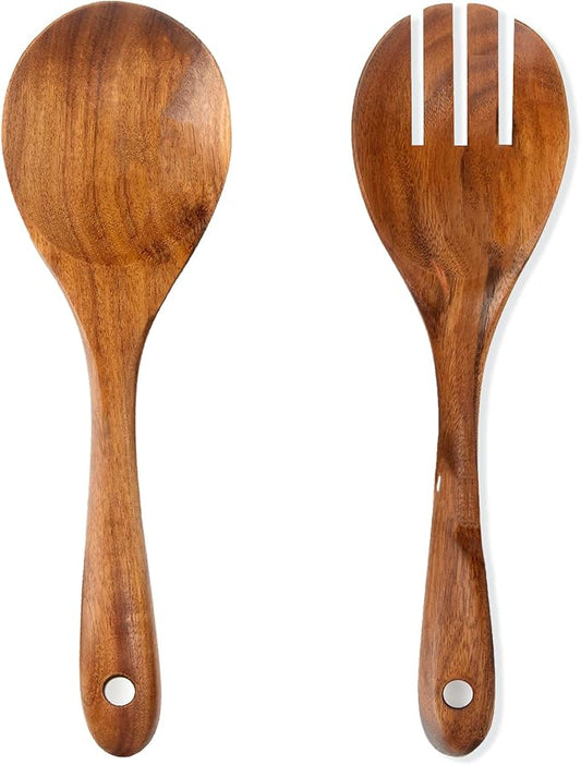 Teak Wood Salad Serving Spoon and Spork 13-Inch, Large Wooden Salad Server Set of 2, Teak Wooden Salad Spoon and Fork, Wood Cooking Spoons for Mixing, Stirring & Serving