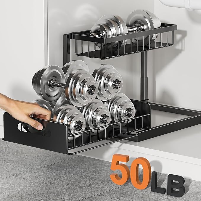 Under Sink Organizer, L-Shaped 2 Tier Pull Out Cabinet Organizer | For Kitchen and Bathroom, Slide Out Under Cabinet Storage, Metal Under Sink Storage with Sliding Drawer, 50 lbs, Black 2 Pack