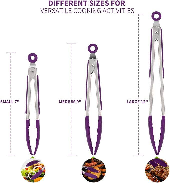 Kitchen Tongs, U-Taste 7/9/12 inches Cooking Tongs, with 600ºF High Heat-Resistant Non-Stick Silicone Tips, 18/8 Stainless Steel Handle, for Food Grill, Salad, BBQ, Frying, Serving, Pack of 3(Purple)