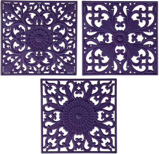 Silicone Trivets for Hot Pots and Pans, Square Non Slip Mats for Table, Multi-Use Carved Hot Pads, Flexible Modern Pad Heat Resistant Big Teapot Coaster Set of 3 Purple