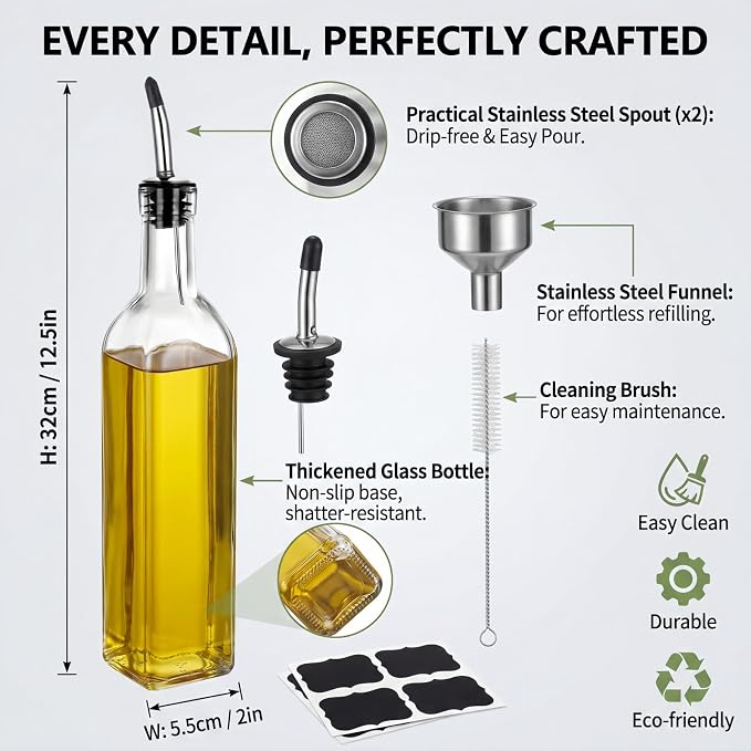Olive Oil Dispenser Bottle - 500ml Glass Oil and Vinegar Bottles Set for Kitchen with 2 Stainless Steel Pourers, Funnel, Brush and 2 Labels, Kitchen Oil Bottles with Drip-Free Design
