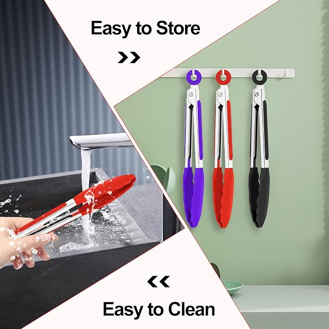 7Pack Kitchen Tongs,7 Inch Small Silicone Tongs with Stainless Steel Silicon Handles and Nylon Tips,Heat Resistant Non-Stick Cooking Tongs,Mini Locking Food Tongs for Cooking Salad Grilling