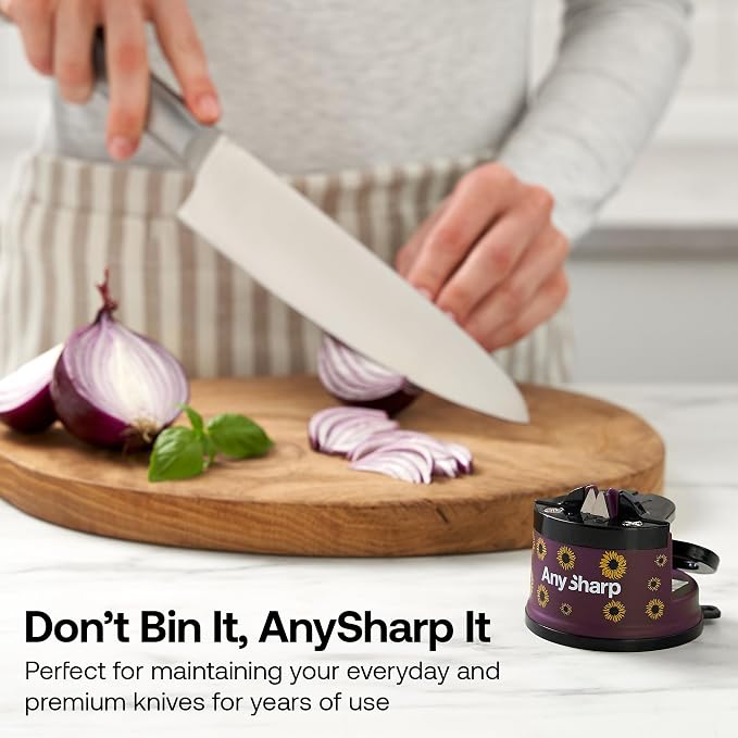 AnySharp – Editions – Hands Free Knife Sharpener - Easy to Use Sharpening Tool w/PowerGrip Suction Base and 20-Degree Pre-Set Angle - for All Knives: Chef's, Serrated, and Hardened Steel - Sunflower