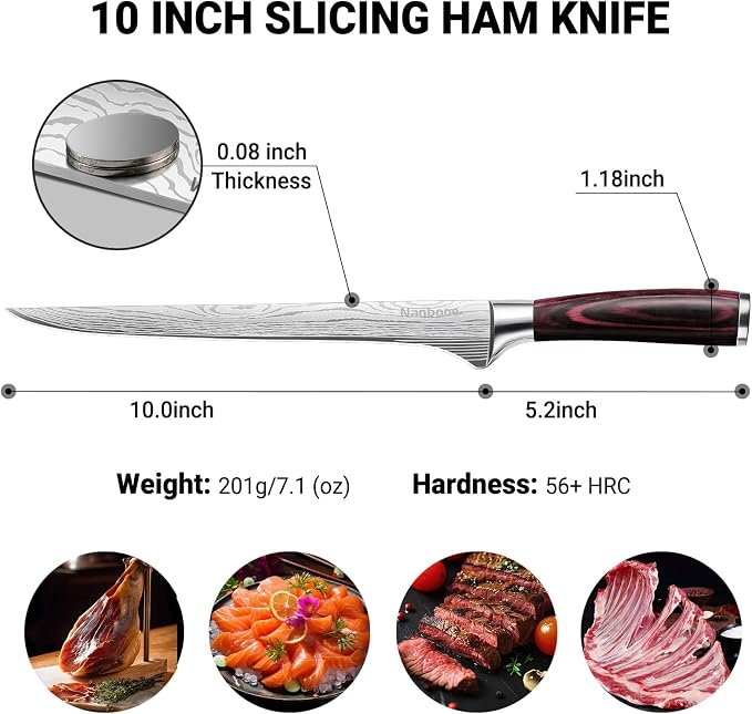 Carving Knife 10 Inch Ham Slicing Knife for Meat Cutting, Ultra Sharp Kitchen Knife High Carbon Stainless Steel Butcher Knife with Wooden Handle, Chinese Cleaver for Perfect Birthday Gifts