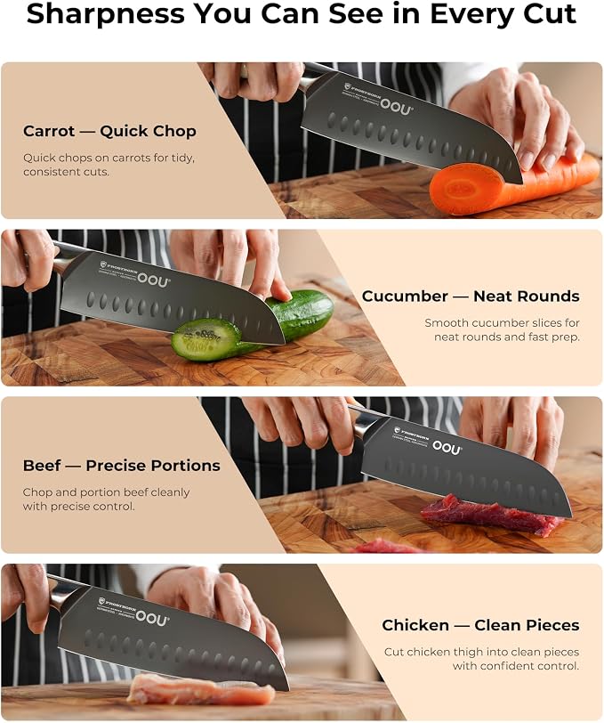 OOU 7 Inch Santoku Knife, German 1.4116 Stainless Steel Kitchen Knife, Gunmetal Blade with AgShield & TinSharp Finish, Balanced ABS Handle, Sharp Cooking Knife for Meat, Vegetables and Daily Prep