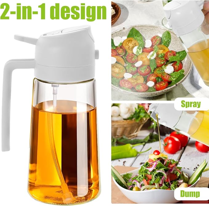 3 Pack 16oz/470 ml Olive Oil Dispenser Bottle 2 in 1 Clear Glass Oil Sprayer and Container Refillable Dispenser with Automatic Cap Portable Spray Bottle for Cooking Baking White