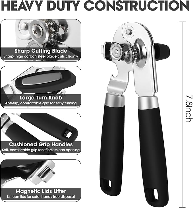 UHIYEE Classic Manual Can Opener for Home Kitchen, Durable 420J2 Stainless Steel Handheld Opener with Magnetic Lid Lifter & Easy-Turn Oversized Knob for Arthritis, Black