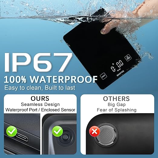 Waterproof Food Scale, 22lb Kitchen Scale, IP67, Rechargeable, Black | 1g Precision, Premium Tempered Glass, Clear LED Display, 6 Units, Tare, Ideal for Baking, Cooking, Making Sourdough Bread