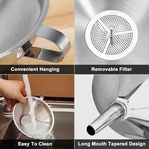Stainless Steel Funnels for Kitchen use,3PCS Kitchen Metal Funnel with 2 Removable Strainer,Cleaning Brush,200 Mesh Food Filter,Funnel for Filling Bottles,for Transferring of Liquid,Oils,Jam