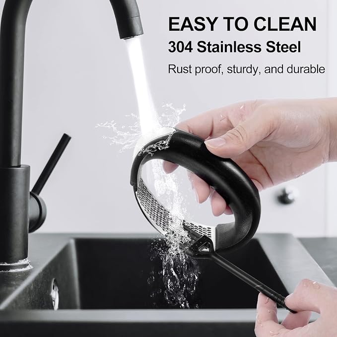 Garlic Press Rocker - Rust Proof & Dishwasher Safe Garlic Mincer, Stainless Steel Garlics Crusher Chopper Set with Peeler Brush, Easy to Clean and Squeeze, Masher for Garlics, Ginger, Spices