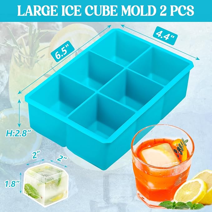 Webake 2 Inch Large Ice Cube Tray, Flexible Ice Mold Silicone Big Ice Cube Trays for Whiskey Cocktails and Treats, BPA Free Blue Square Silicone Mold Pack of 2