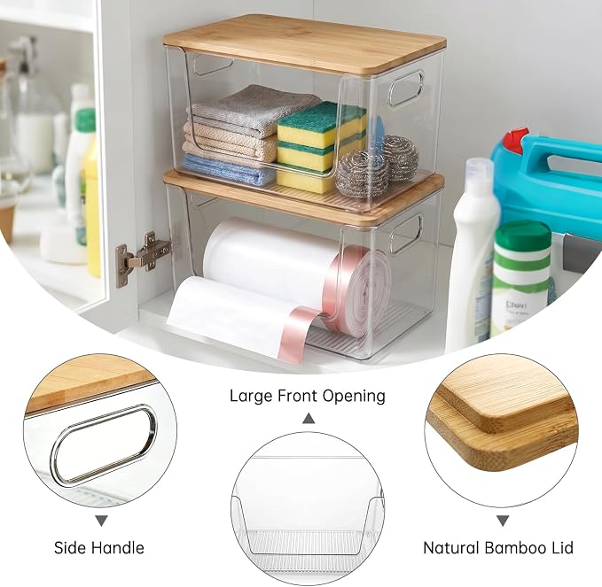 Trash Bag Holder 2 Pack, Stackable Garbage Bag Dispenser with Bamboo Lid, Large Capacity Under Sink Organizer for 13/30/33 Gallon Bags, Clear Storage Bins for Kitchen, Laundry Room, Pantry, Cabinet